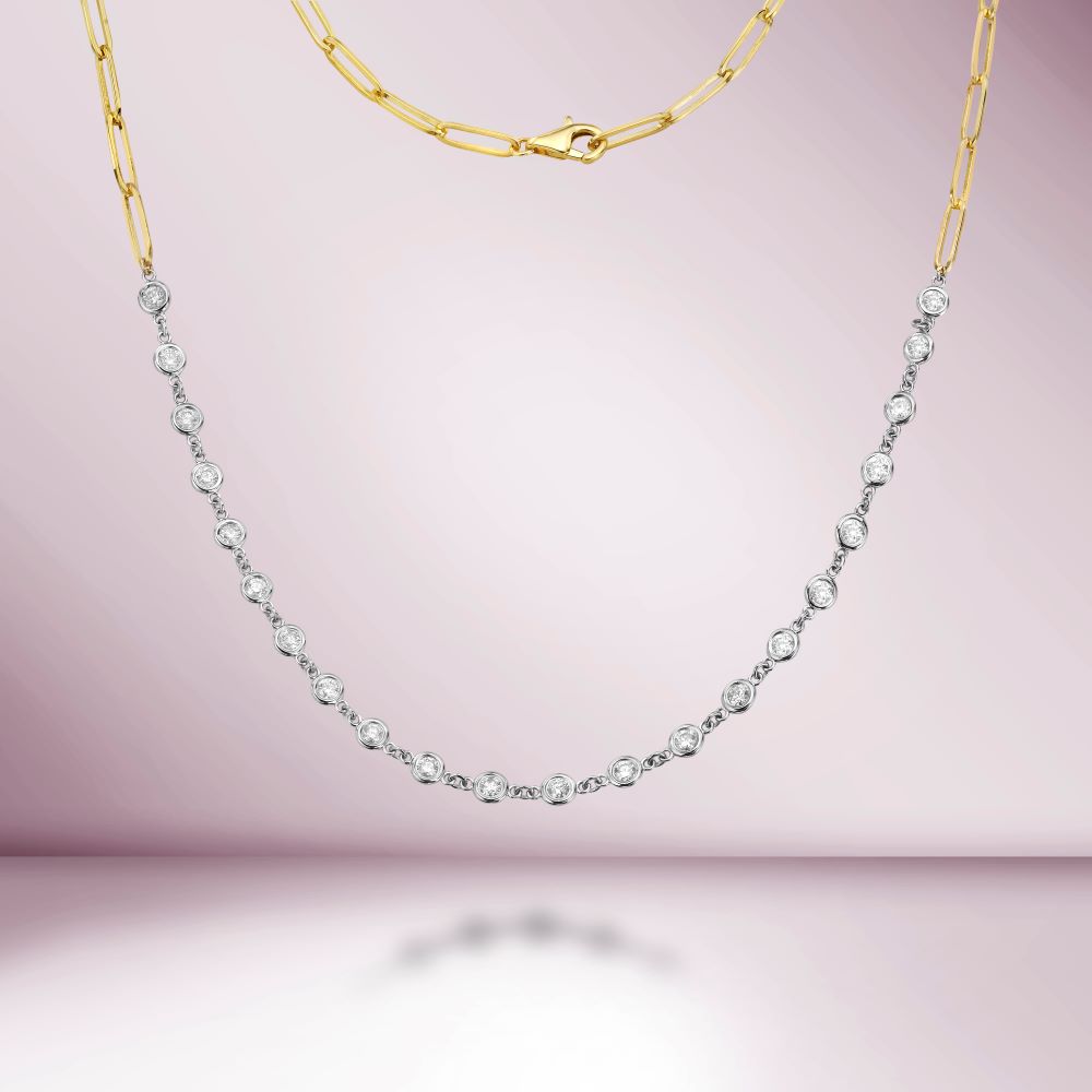 14K Yellow-White Paper Clip Chain Necklace with Diamond Stations