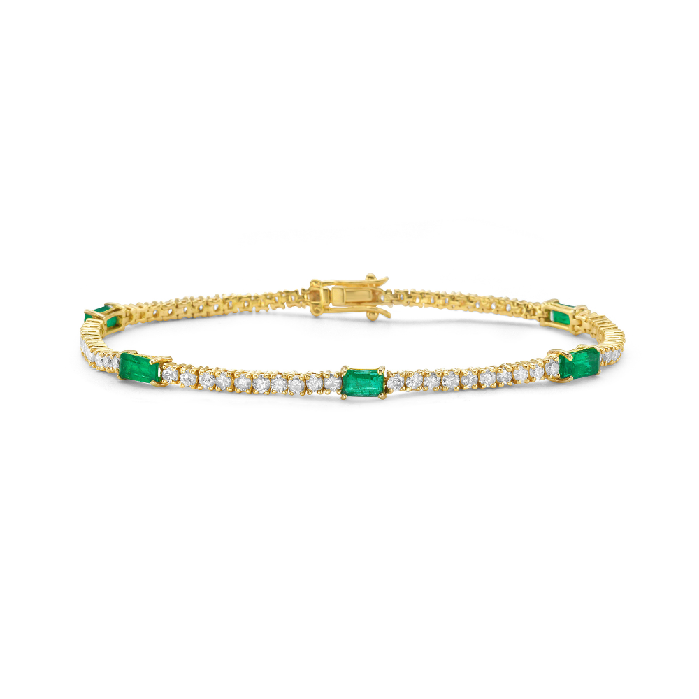 Alternate Diamond & Elongated Emerald Cut Emerald Tennis Bracelet (4.95 ct.) 4-Prongs Setting in 14K Gold