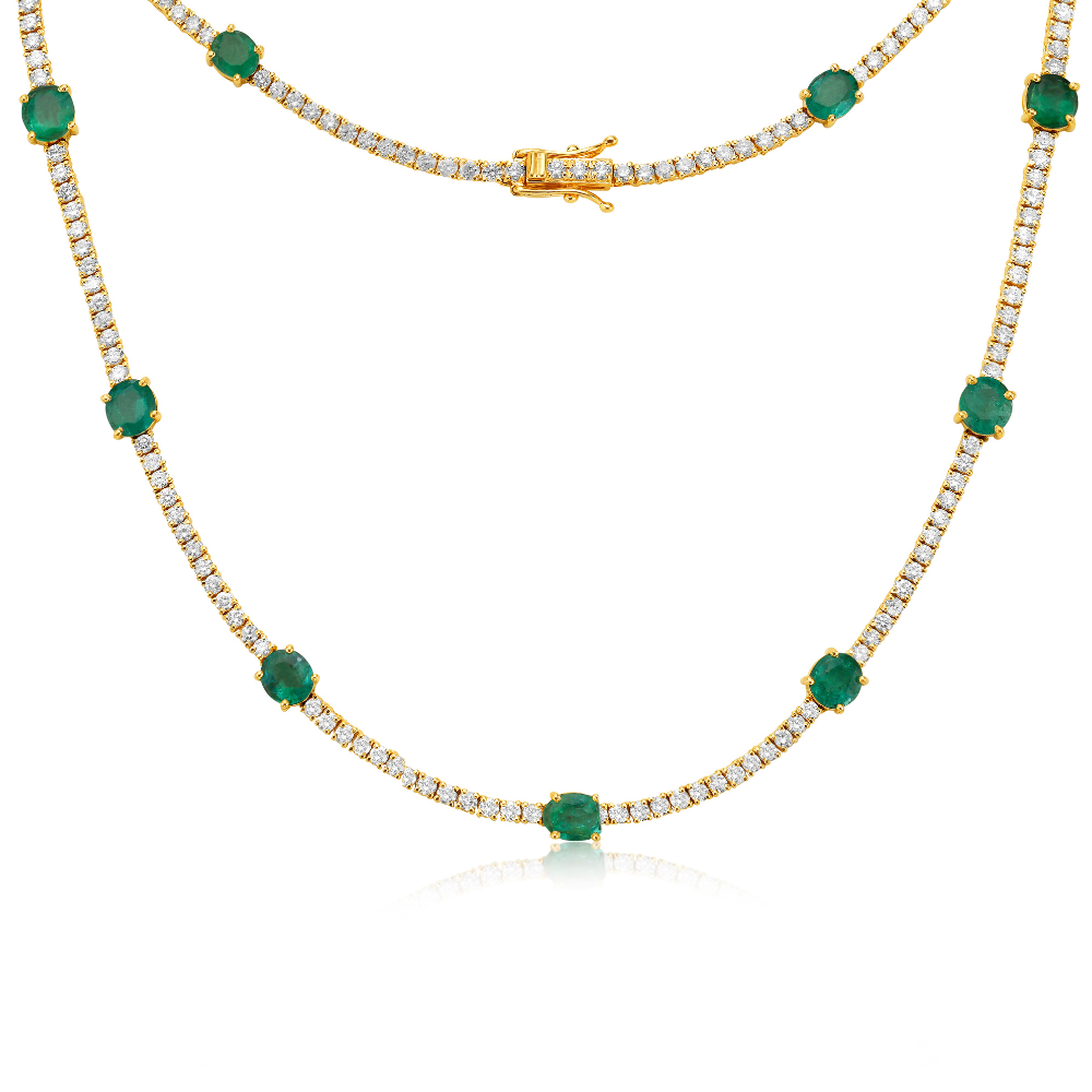 Diamond Tennis Necklace with Alternate Oval Cut Emeralds (6.50 ct.) 4-Prongs Setting in 14K Gold 