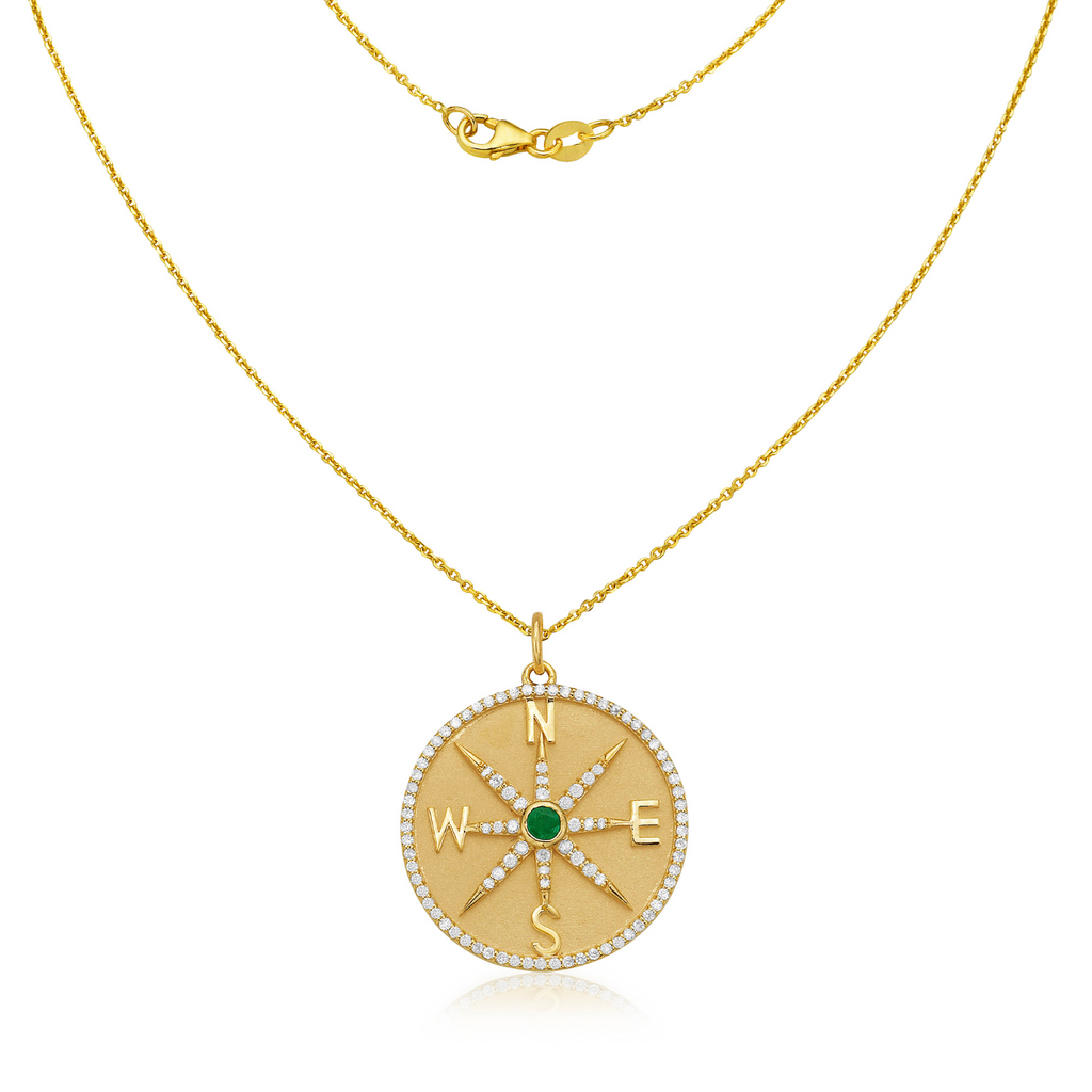 Diamond and Emerald Medallion Compass Coin Pendant Necklace (0.70 ct.) in 14K Gold