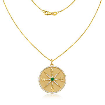 Diamond and Emerald Medallion Compass Coin Pendant Necklace (0.70 ct.) in 14K Gold