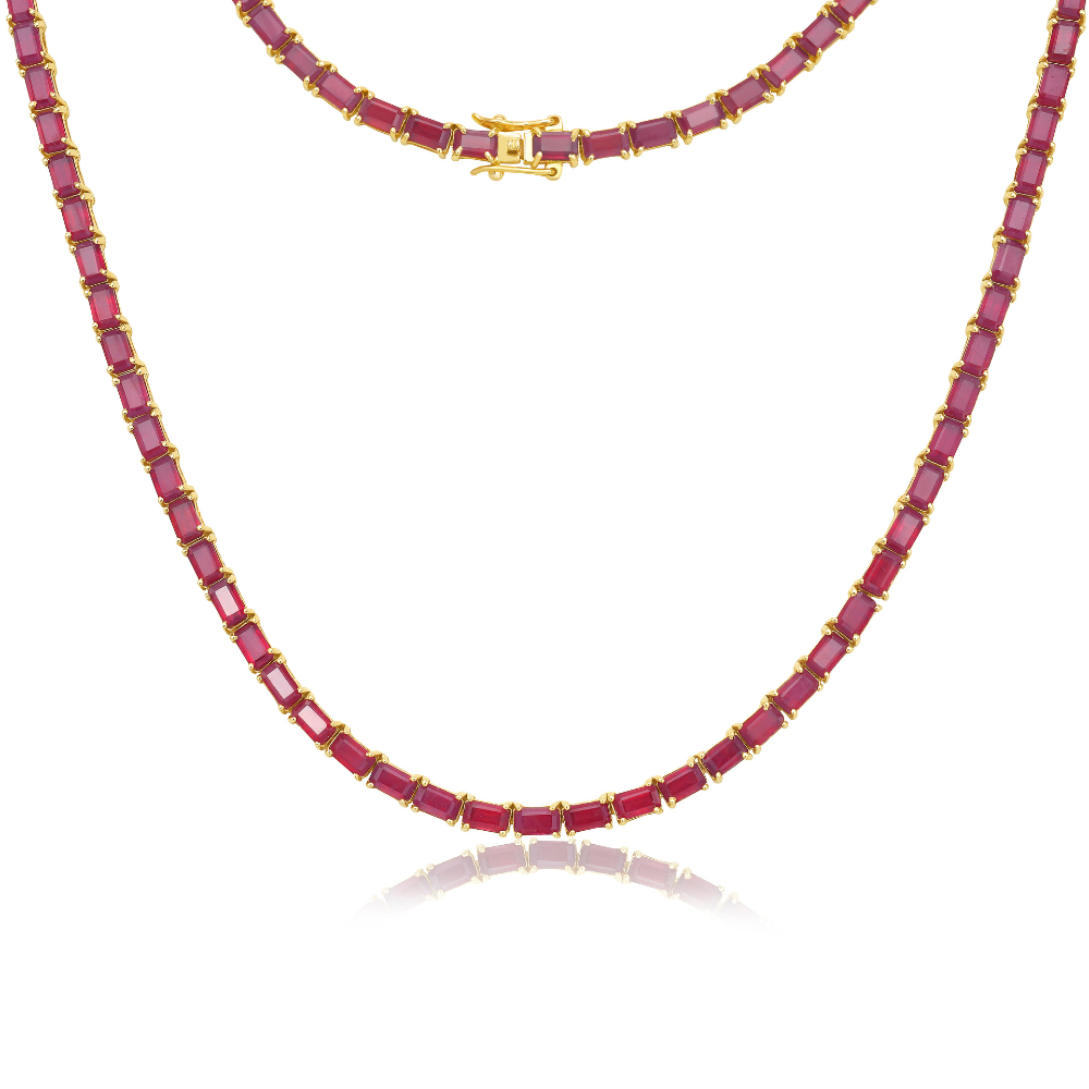 East West Ruby Emerald Cut Tennis Necklace (17.00 ct.) 4-Prongs Setting in 14K Gold