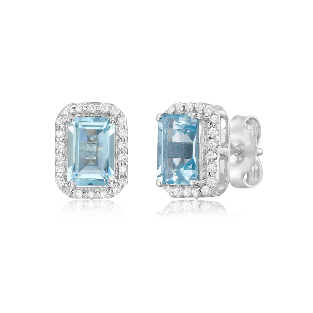 Emerald Cut Aquamarine with Diamond Halo Earrings (1.14 ct.) in 14K Gold