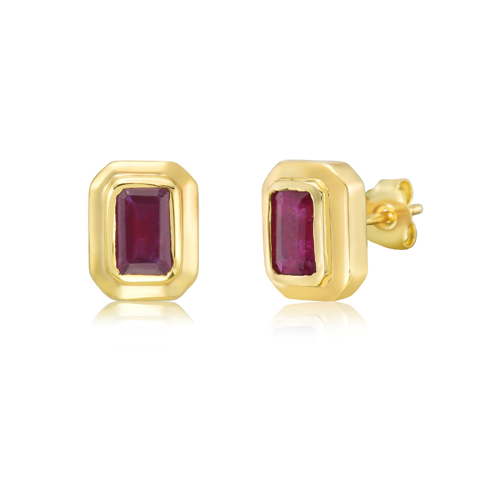 Emerald Cut Ruby Studs Bezel Setting Earrings (1.75 ct.) in 14K Gold