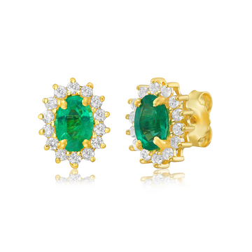 Emerald Oval Shape With Halo Diamonds Studs Earrings (1.10 ct.) in 14K Gold