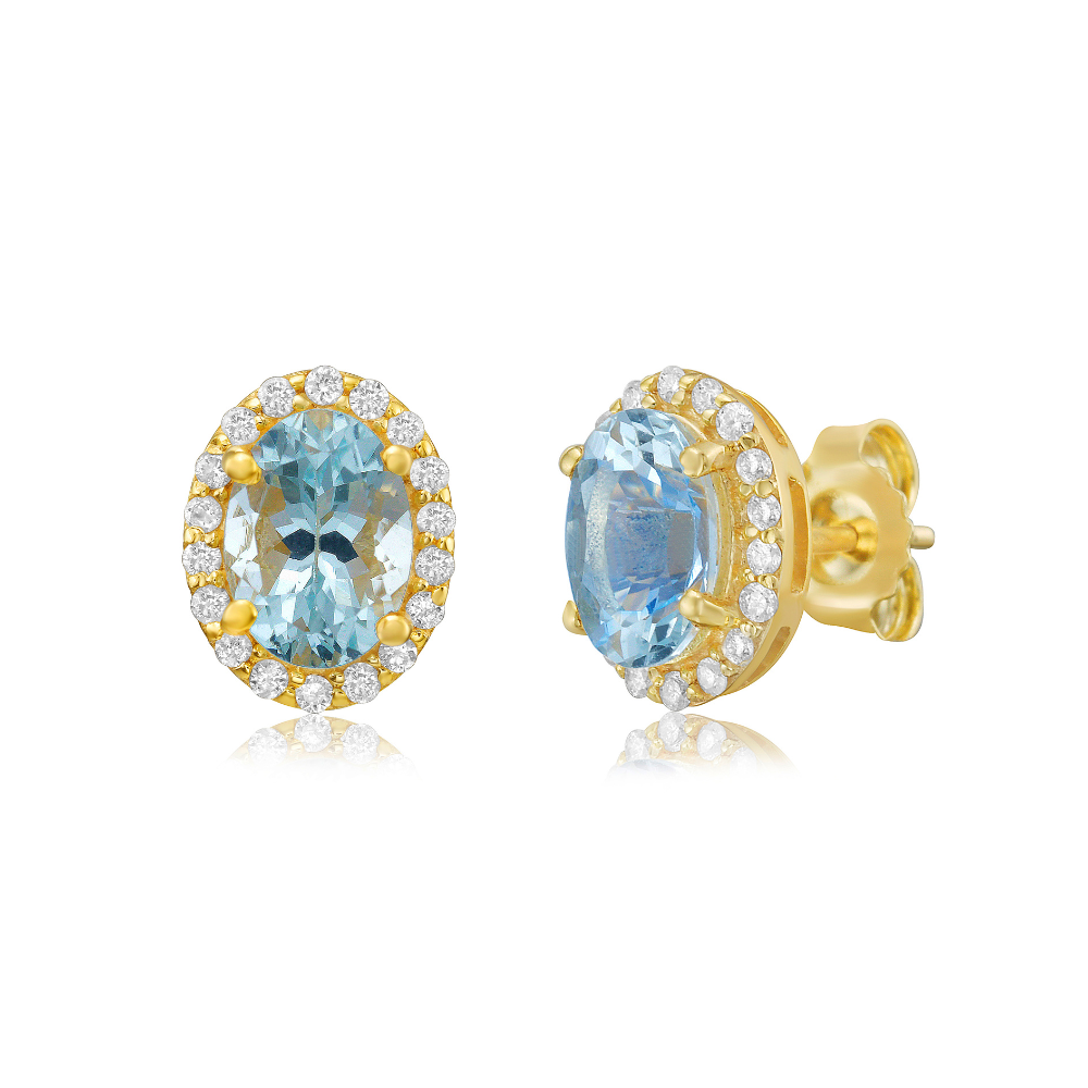 Oval Cut Aquamarine with Diamond Halo Earrings (1.80 ct.) in 14K Gold