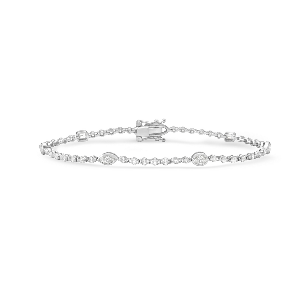 Round & Marquise Shape Diamond Tennis Bracelet (2.20 ct.) bezel Setting in 14K Gold